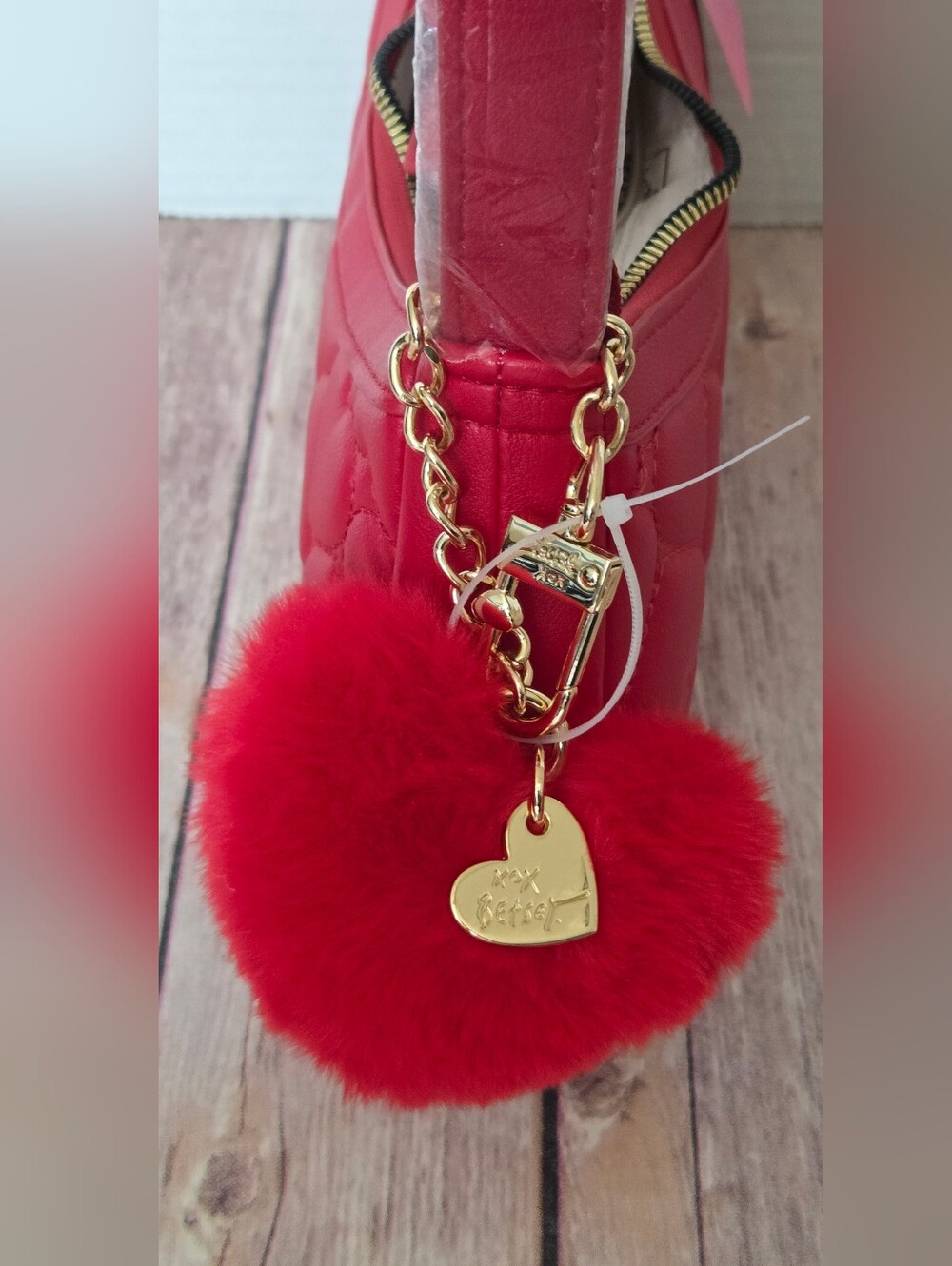 Betsey Johnson Red Quilted Heart Pom-Pom Shoulder Bag - Picture 4 of 16